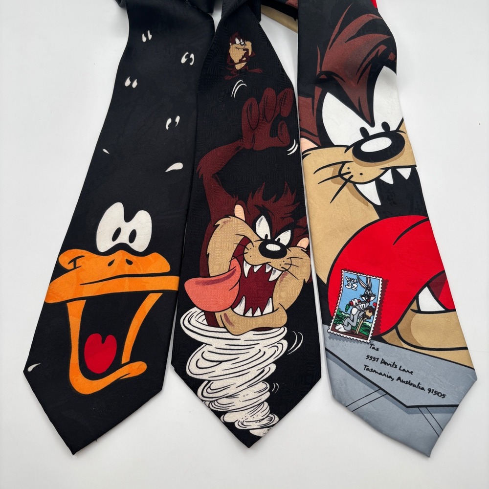 Vtg Looney Tunes Neck Ties Daffy Duck Tazmanian Devil Lot of 3